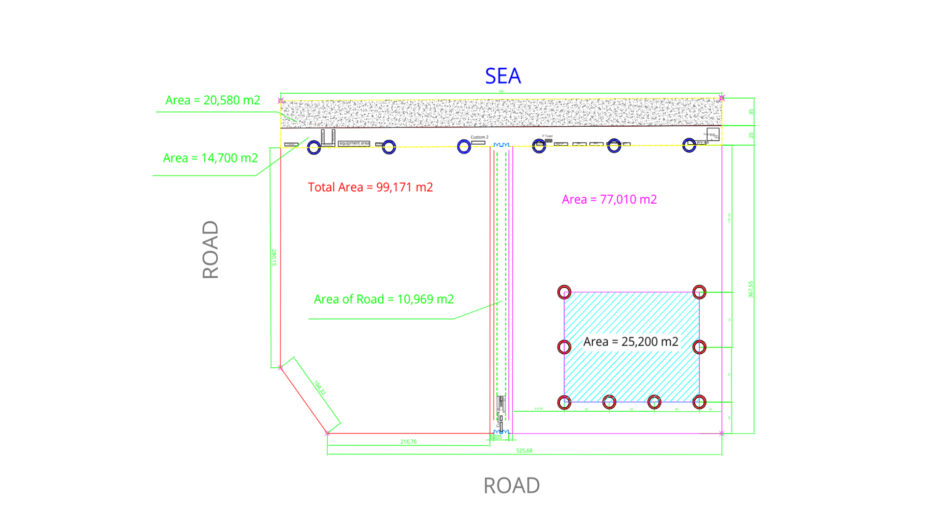 Site plan of the Ain Sokhna Terminal: a quay lined with bollards along the sea frontage at the top, an equipment area with customs and IT tower buildings set behind it, an internal road running down the middle of the site, a hatched storage compound in the lower right, and public roads bounding the site on the left and along the bottom.