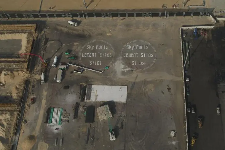 Aerial view of the Bulk Cement Export Station site with ground markings for Silo 1 and Silo 2