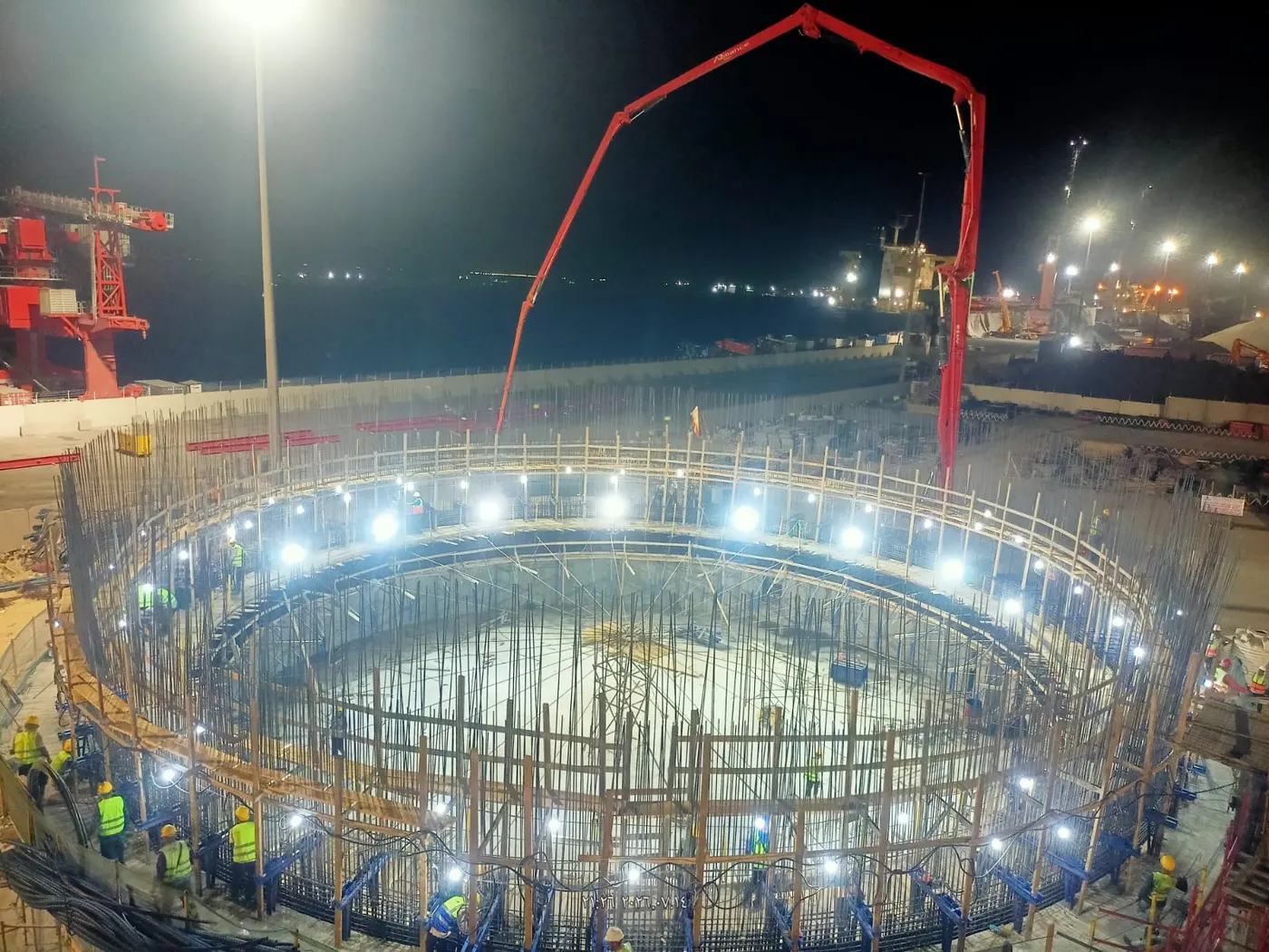 Night-time concrete pour for a silo foundation at the Bulk Cement Export Station